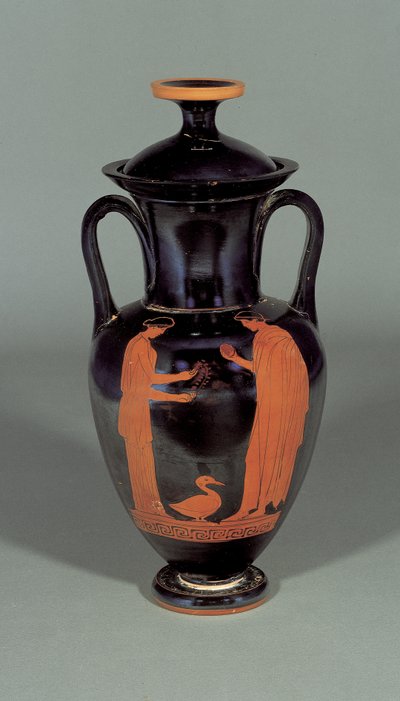 Attic red-figure nolan amphora depicting two figures and a duck, 460-450 BC by Painter of London E342